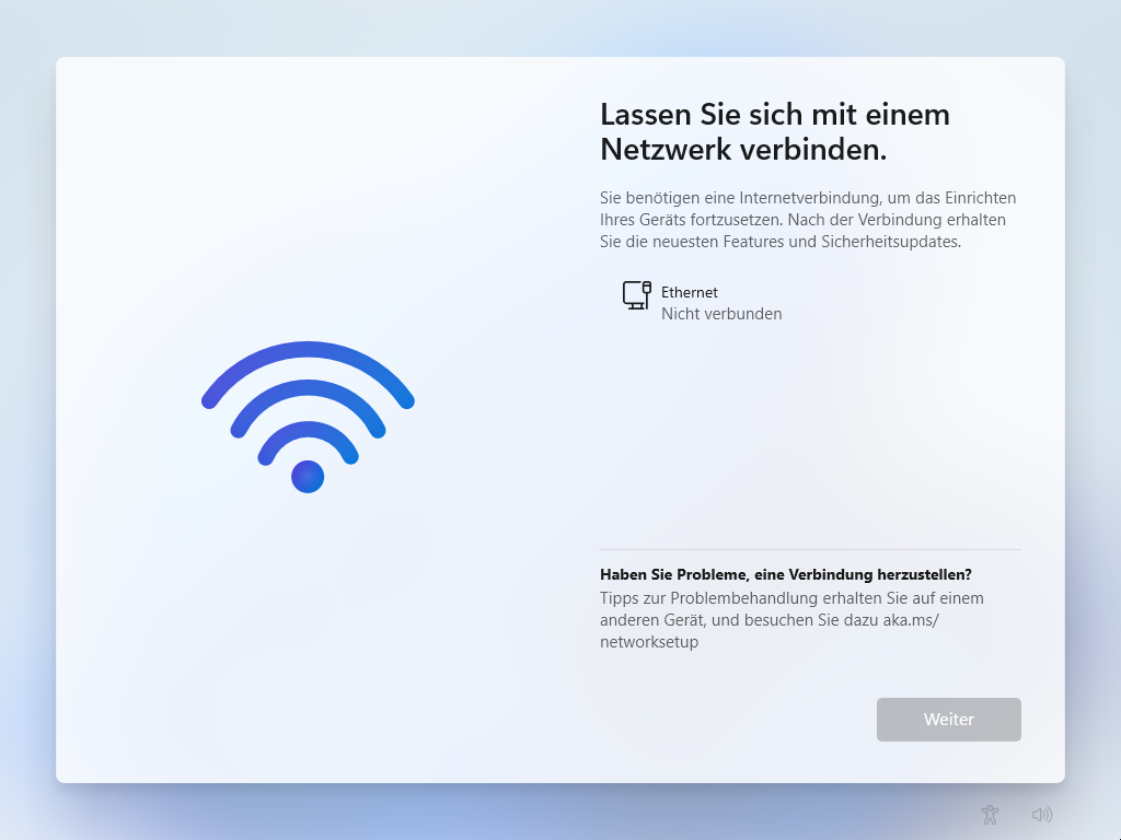 Ohne Internetverbindung kann das Setup nicht fortgesetzt werden.